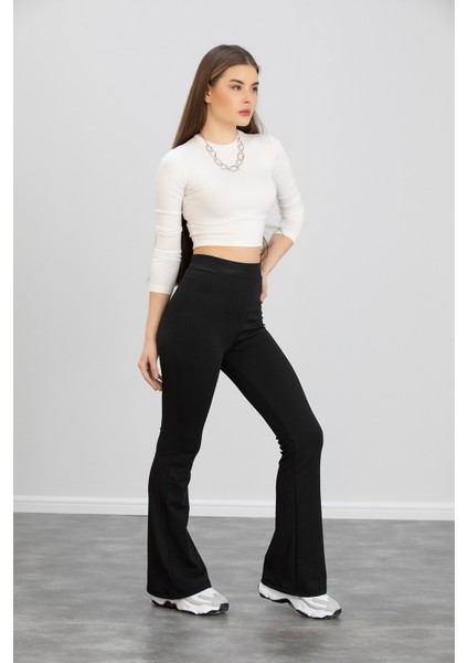 Kadın Siyah Ispanyol Paça Krep Kumaş Yüksek Bel Likralı Toparlayıcı Tayt Pantolon fiyatları