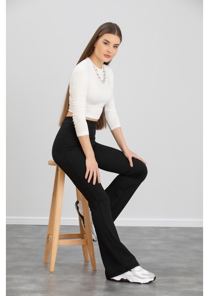 Kadın Siyah Ispanyol Paça Krep Kumaş Yüksek Bel Likralı Toparlayıcı Tayt Pantolon modelleri