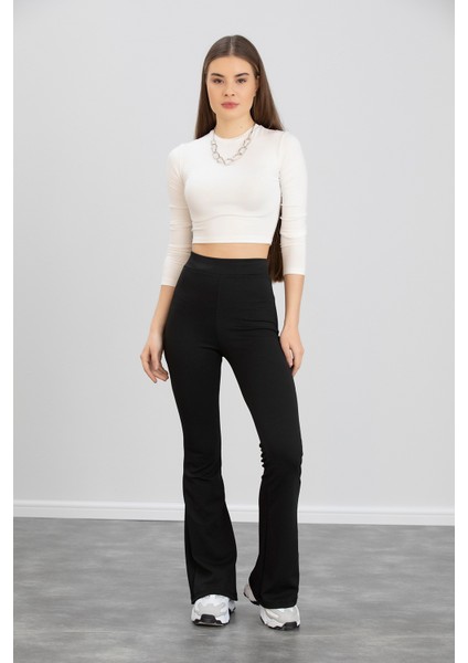 Kadın Siyah Ispanyol Paça Krep Kumaş Yüksek Bel Likralı Toparlayıcı Tayt Pantolon fırsatları