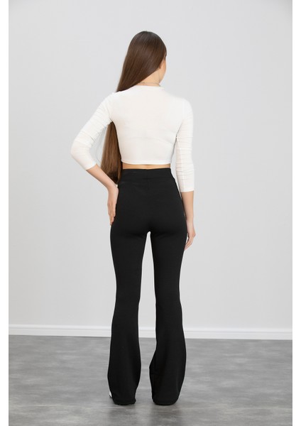 Kadın Siyah Ispanyol Paça Krep Kumaş Yüksek Bel Likralı Toparlayıcı Tayt Pantolon indirimleri