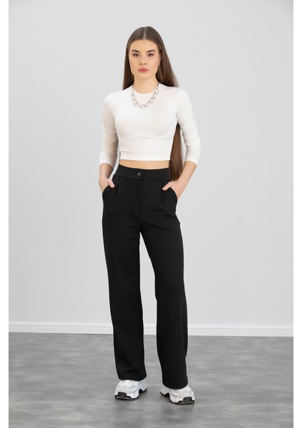 Kadın Siyah Önü Düğmeli Yüksek Bel Pileli Likralı Esnek Rahat Kalıp Palazzo Pantolon