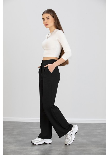 Kadın Siyah Önü Düğmeli Yüksek Bel Pileli Likralı Esnek Rahat Kalıp Palazzo Pantolon fiyatları