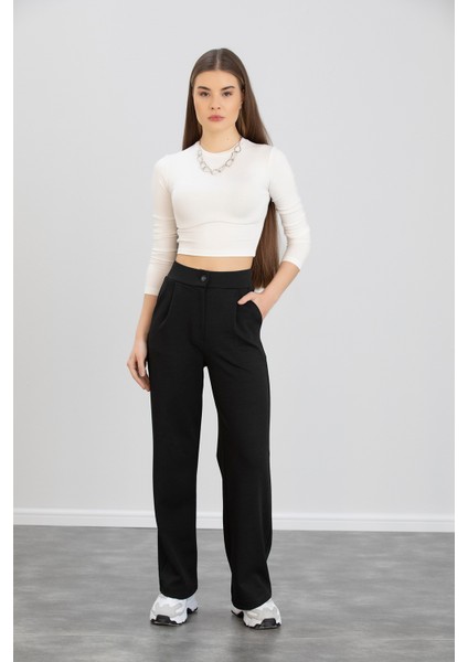 Kadın Siyah Önü Düğmeli Yüksek Bel Pileli Likralı Esnek Rahat Kalıp Palazzo Pantolon fırsatları
