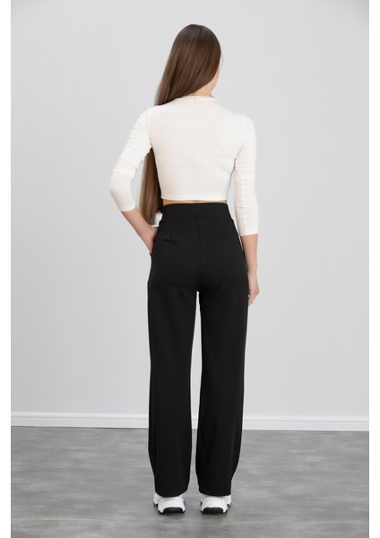 Kadın Siyah Önü Düğmeli Yüksek Bel Pileli Likralı Esnek Rahat Kalıp Palazzo Pantolon indirimleri