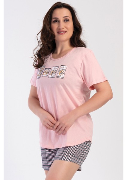 Pamuklu Kadın Büyük Beden Kısa Kol Şortlu Pijama Takım , 401021