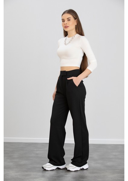 Kadın Siyah Önü Çırtlı Yüksek Bel Pileli Likralı Esnek Rahat Kalıp Palazzo Pantolon