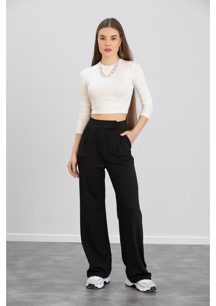 Kadın Siyah Önü Çırtlı Yüksek Bel Pileli Likralı Esnek Rahat Kalıp Palazzo Pantolon fiyatları