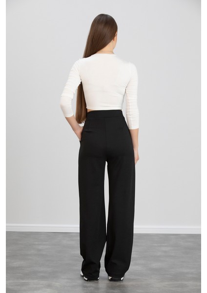 Kadın Siyah Önü Çırtlı Yüksek Bel Pileli Likralı Esnek Rahat Kalıp Palazzo Pantolon modelleri