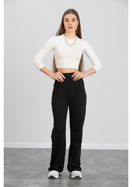 Kadın Siyah Önü Çırtlı Yüksek Bel Pileli Likralı Esnek Rahat Kalıp Palazzo Pantolon indirimleri