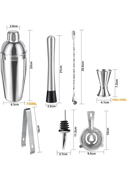 Ev Barı Için 8 Parça 750ML Karıştırma Paslanmaz Çelik Kokteyl Çalkalayıcı Seti (Yurt Dışından)