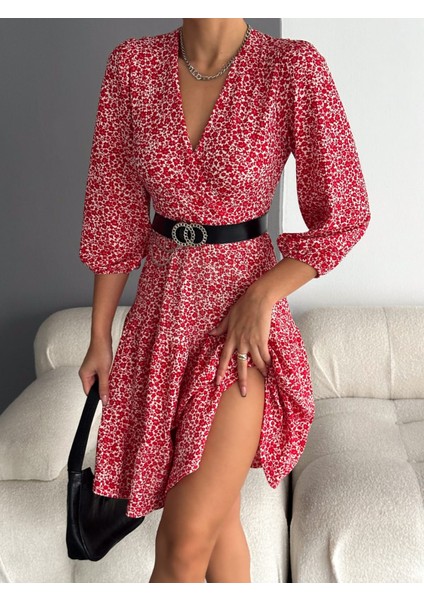 Kadın Kruvaze Yaka Desenli Kemer Dahil Kaşkorse Elbise (Renkli) fiyatları