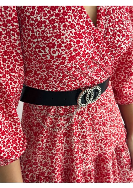Kadın Kruvaze Yaka Desenli Kemer Dahil Kaşkorse Elbise (Renkli) fırsatları