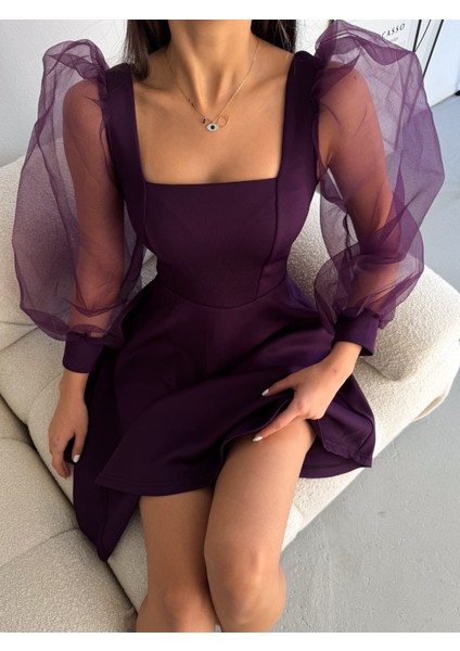 Kadın U Yaka Kolları Tül Scuba Kumaş Elbise (Renkli) fiyatları