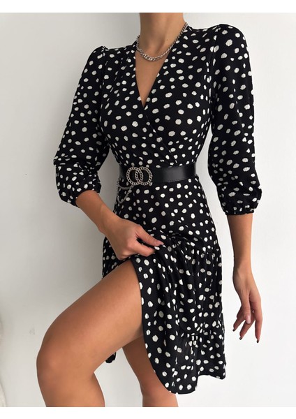 Kadın Kruvaze Yaka Desenli Kemer Dahil Kaşkorse Elbise (Renkli) fiyatları