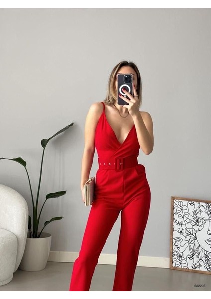 Kadın Kruvaze Yaka Kemer Dahil Sırtı Fermuarlı Krep Kumaş Askılı Tulum (Renkli) fiyatları