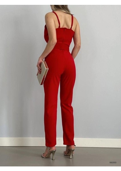 Kadın Kruvaze Yaka Kemer Dahil Sırtı Fermuarlı Krep Kumaş Askılı Tulum (Renkli) fırsatları