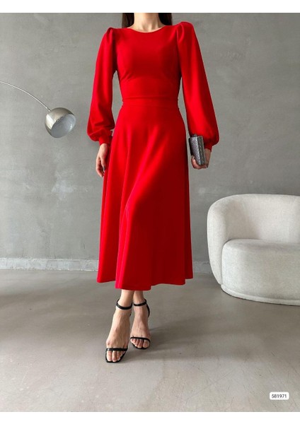 Kadın Balon Kol Etek Detay Ithal Krep Kumaş Elbise (Renkli) modelleri