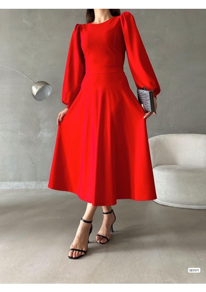 Kadın Balon Kol Etek Detay Ithal Krep Kumaş Elbise (Renkli) fırsatları