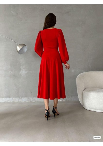 Kadın Balon Kol Etek Detay Ithal Krep Kumaş Elbise (Renkli) indirimleri