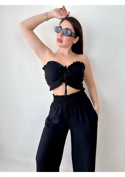 Kadın Keten Kumaş Gipeli Crop ve Pantolon Ikili Takım (Renkli)