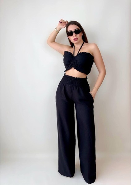 Kadın Keten Kumaş Gipeli Crop ve Pantolon Ikili Takım (Renkli)