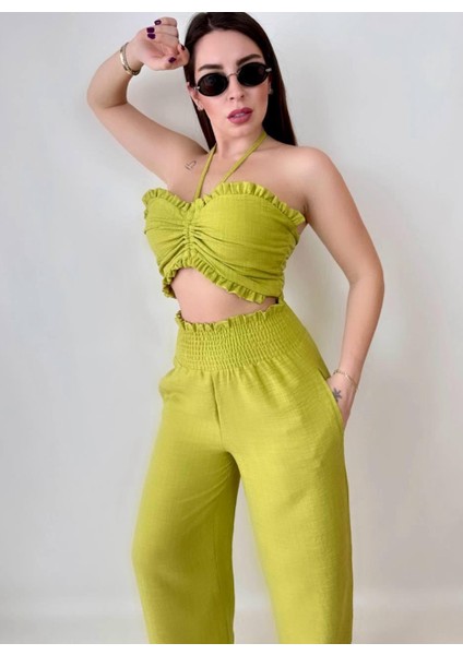 Kadın Keten Kumaş Gipeli Crop ve Pantolon Ikili Takım (Renkli)