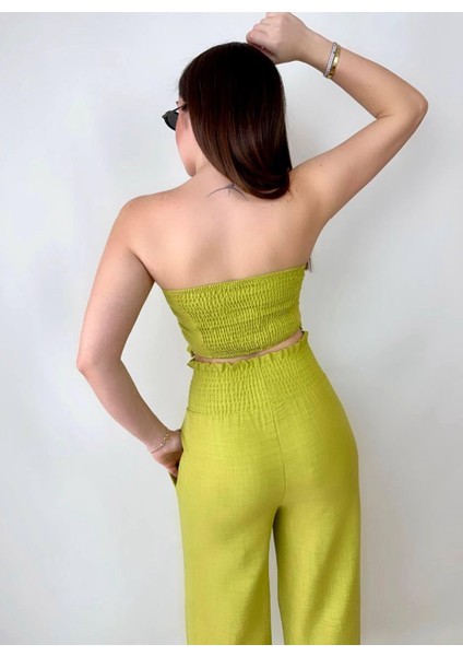 Kadın Keten Kumaş Gipeli Crop ve Pantolon Ikili Takım (Renkli)