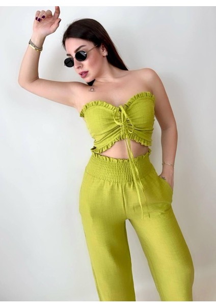 Kadın Keten Kumaş Gipeli Crop ve Pantolon Ikili Takım (Renkli)