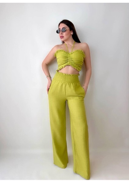 Kadın Keten Kumaş Gipeli Crop ve Pantolon Ikili Takım (Renkli)