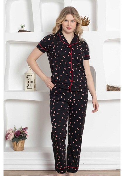 Mantar Desenli Önden Düğmeli Uzun Kollu Pijama Takımı 2778UY