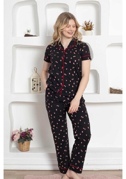 Mantar Desenli Önden Düğmeli Uzun Kollu Pijama Takımı 2778UY