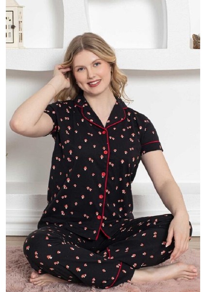 Mantar Desenli Önden Düğmeli Uzun Kollu Pijama Takımı 2778UY
