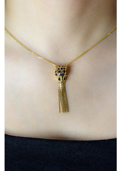 Püsküllü Panter Başı Kolye 14 Ayar A048504