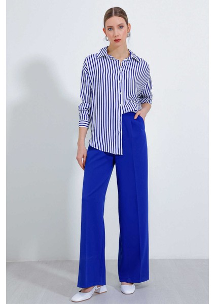 Kadın Çizgili Oversize Gömlek Saks Mavi modelleri