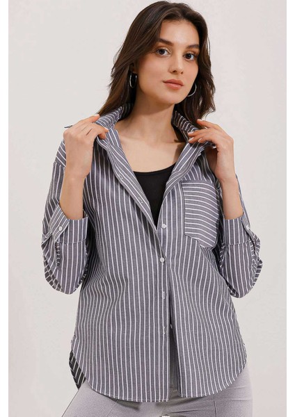 Kadın Tek Cep Çizgili Oversize Gömlek Gri modelleri