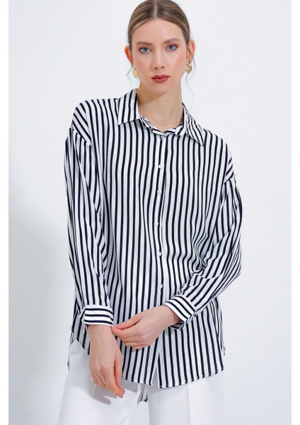 Kadın Çizgili Oversize Gömlek Siyah fiyatları