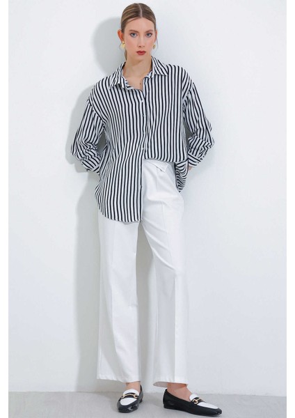Kadın Çizgili Oversize Gömlek Siyah modelleri