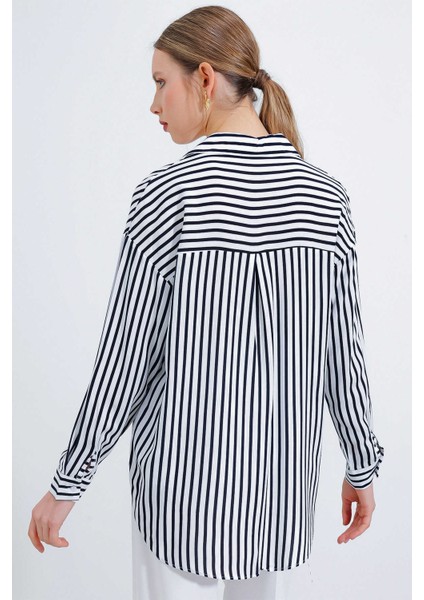 Kadın Çizgili Oversize Gömlek Siyah indirimleri