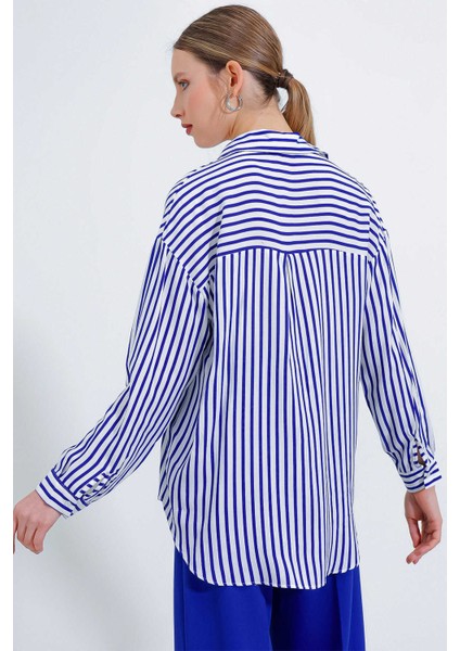 Kadın Çizgili Oversize Gömlek Saks Mavi indirimleri