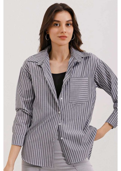 Kadın Tek Cep Çizgili Oversize Gömlek Gri