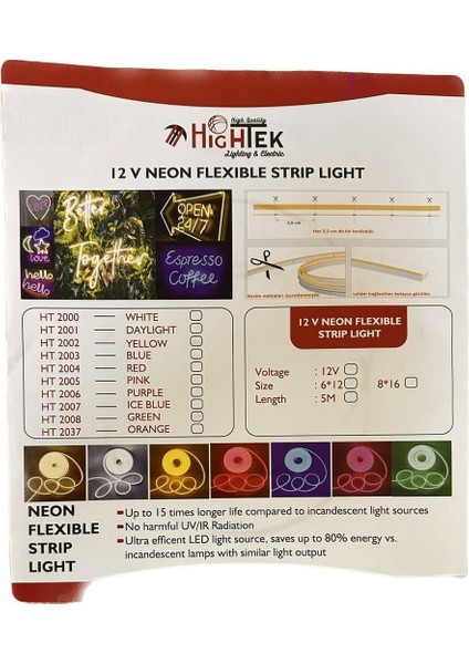 Neon LED 12 Volt Sarı 6X12MM 5mt Hightek