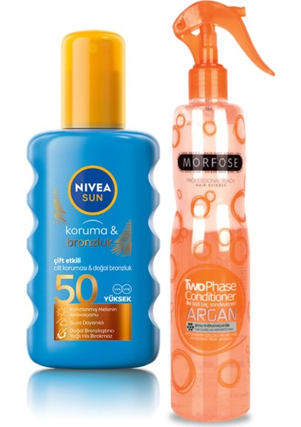 Sun SPF50 Güneş Koruyucu & Bronzluk Güneş Sütü 200 ml Sprey+ Morfose Çift Fazlı Fön Suyu Argan 400 ml