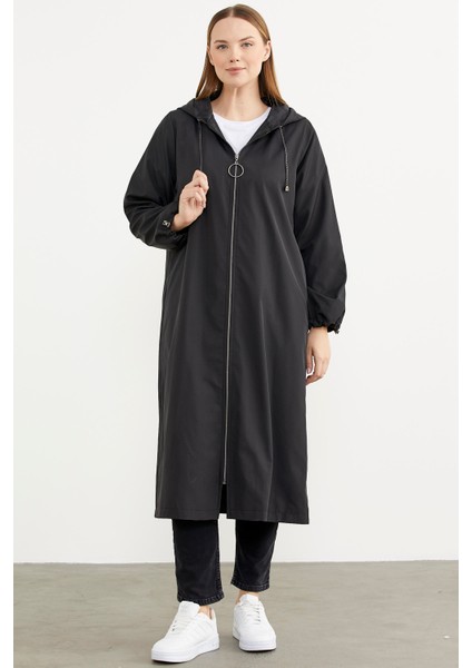 Büyük Beden Kapüşonlu Fermuarlı Uzun Trençkot - Siyah