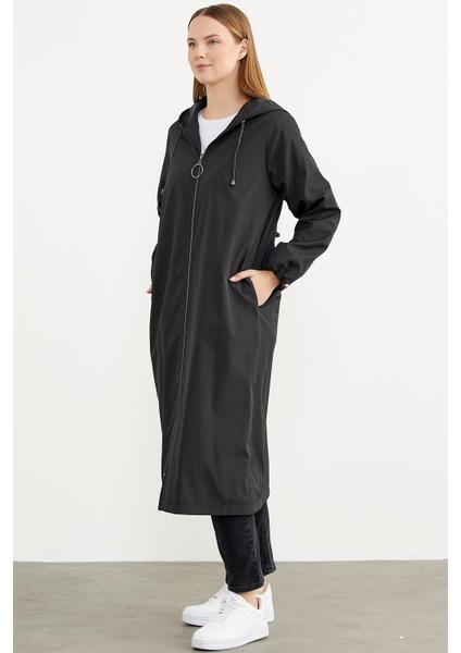 Büyük Beden Kapüşonlu Fermuarlı Uzun Trençkot - Siyah fiyatları