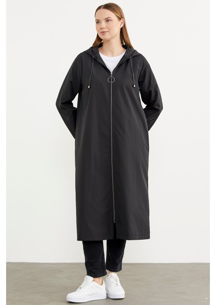 Büyük Beden Kapüşonlu Fermuarlı Uzun Trençkot - Siyah fırsatları