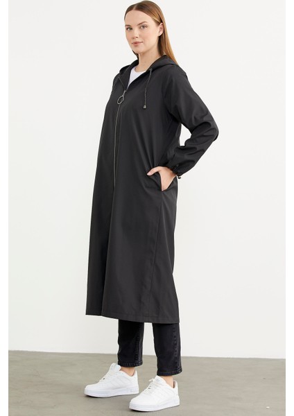 Büyük Beden Kapüşonlu Fermuarlı Uzun Trençkot - Siyah indirimleri