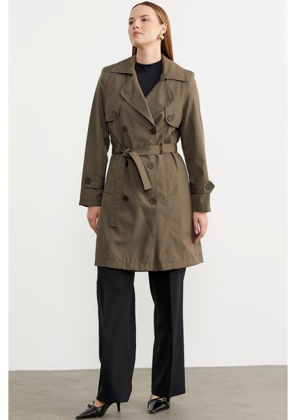 Büyük Beden Şal Yaka Trençkot - Haki fiyatları