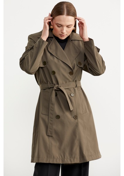 Büyük Beden Şal Yaka Trençkot - Haki fırsatları