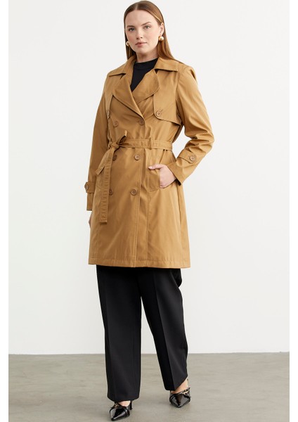 Büyük Beden Şal Yaka Trençkot - Vizon fırsatları