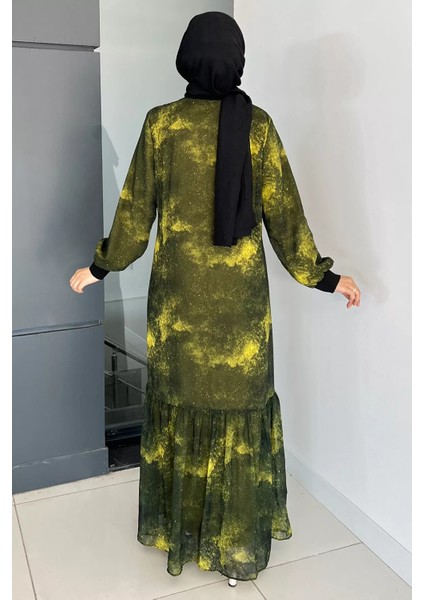 Haki Bisiklet Yaka Desenli Fırfırlı Tesettür Şifon Elbise P-00010159 fırsatları